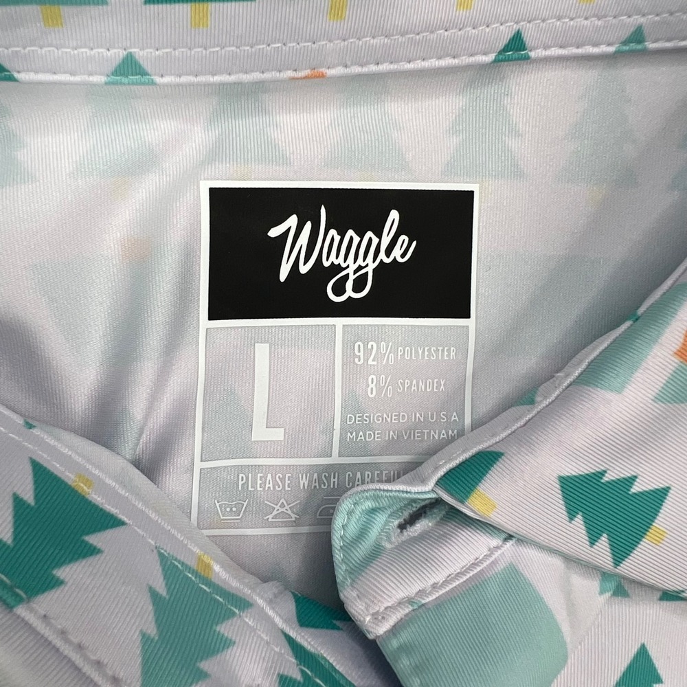 Waggle Fox Holes Polo Shirt Mens Large White Green Fox Print Stretch Performance - Picture 11 of 11